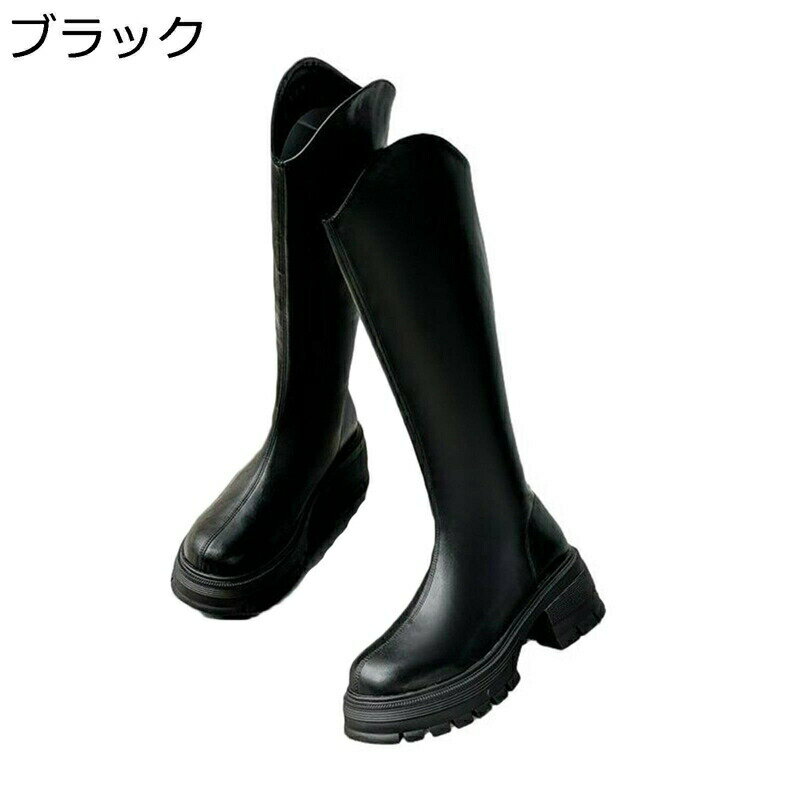 ニーハイブーツ レディース 厚底 ロング丈 膝丈 長ブーツ 高筒ブーツ ラウンドトゥ ローヒール 太めヒール 4CMヒール バックジップ 牛革 カジュアル ファンション 秋冬 PUレザー 可愛い
