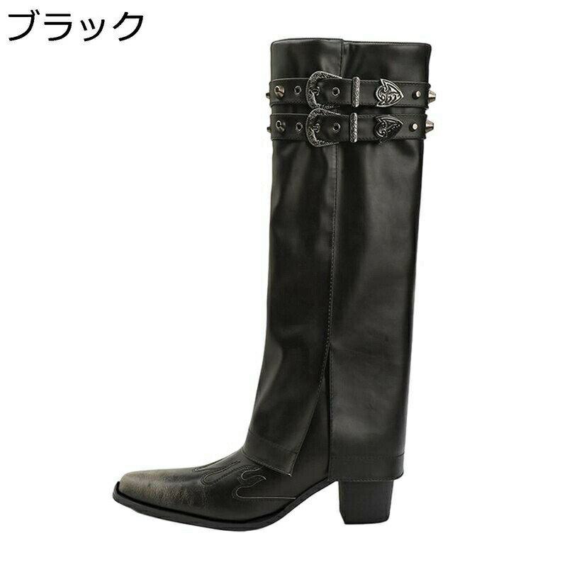 ウエスタンブーツ 本革 レディース ジョッキーブーツ チャンキーヒール バックル ロングブーツ 太ヒー..