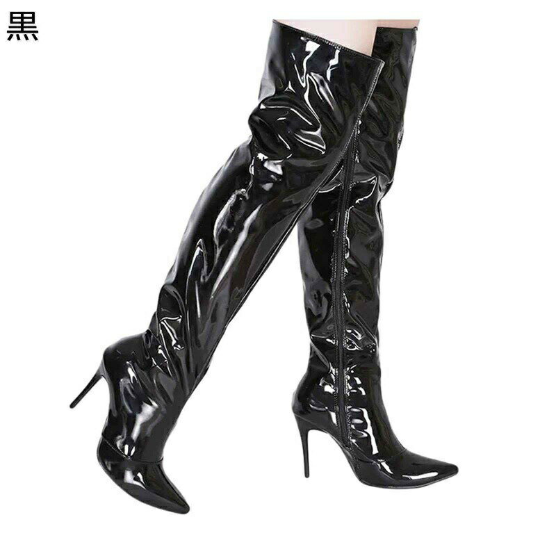 ロングブーツ オーバーニーハイブーツ ハイヒール レディース 光沢感 ポインテッドトゥ ピンヒール10cm ハイヒール 秋冬用 長ブーツ 脱..