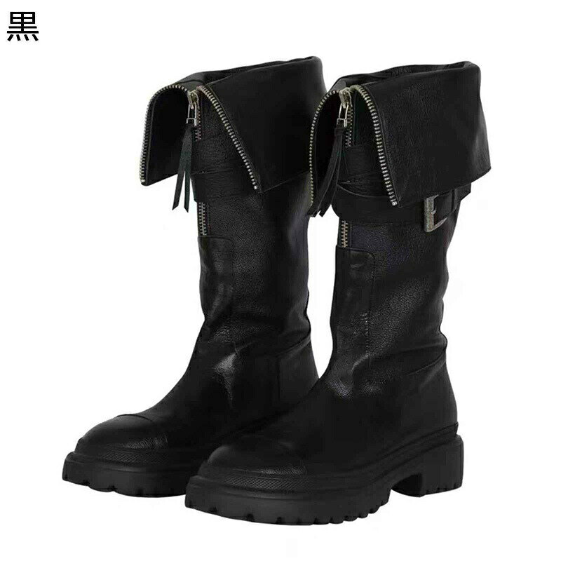 ジョッキーブーツ 本革 レディース エンジニアブーツ バックル 前開きジッパー 牛革 柔らかい 折り返し ロングブーツ ヴィンテージ 長ブーツ ラウンドトゥ チャンキーヒール 騎士ブーツ 美脚