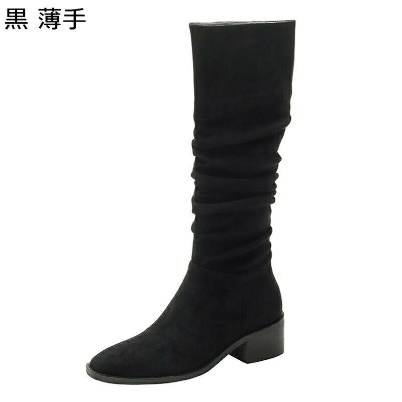 ロングブーツ スエット レディース ポインテッドトゥ チャンキーヒール くしゅくしゅ ビンテージ ドレ..