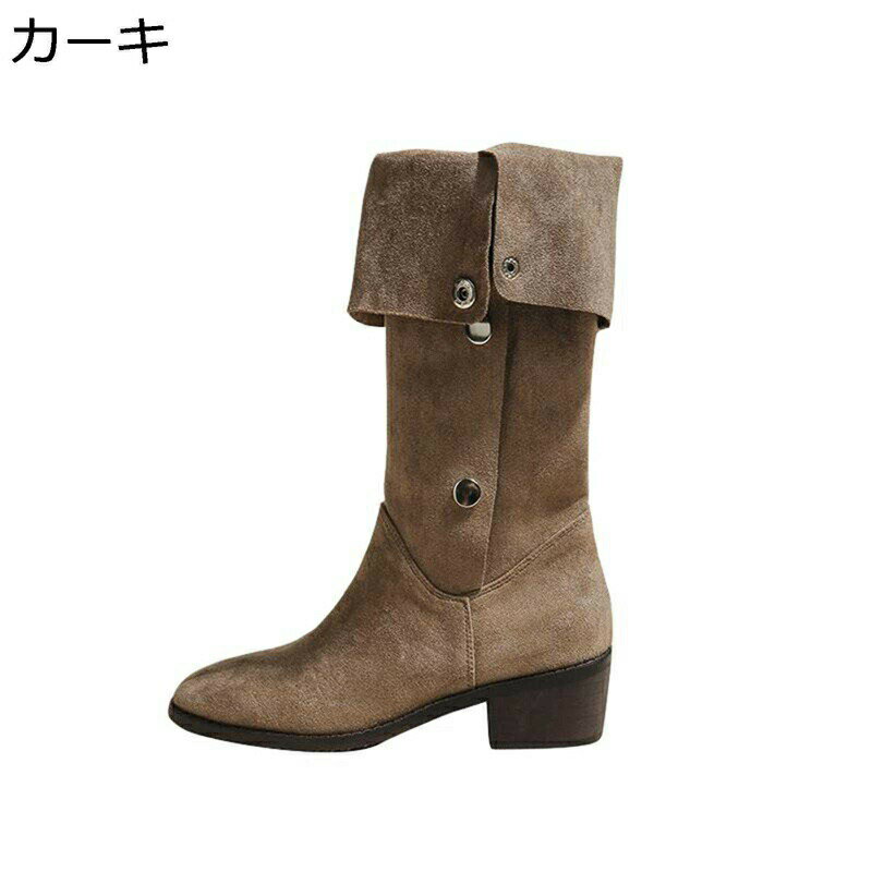 ウエスタンブーツ レディース ロングブーツ くしゅくしゅ スエット 折り返し ジョッキーブーツ ポインテッドトゥ 太ヒール 高筒ブーツ ビンテージ 秋冬 カジュアル おしゃれ 柔らかい ゆったり