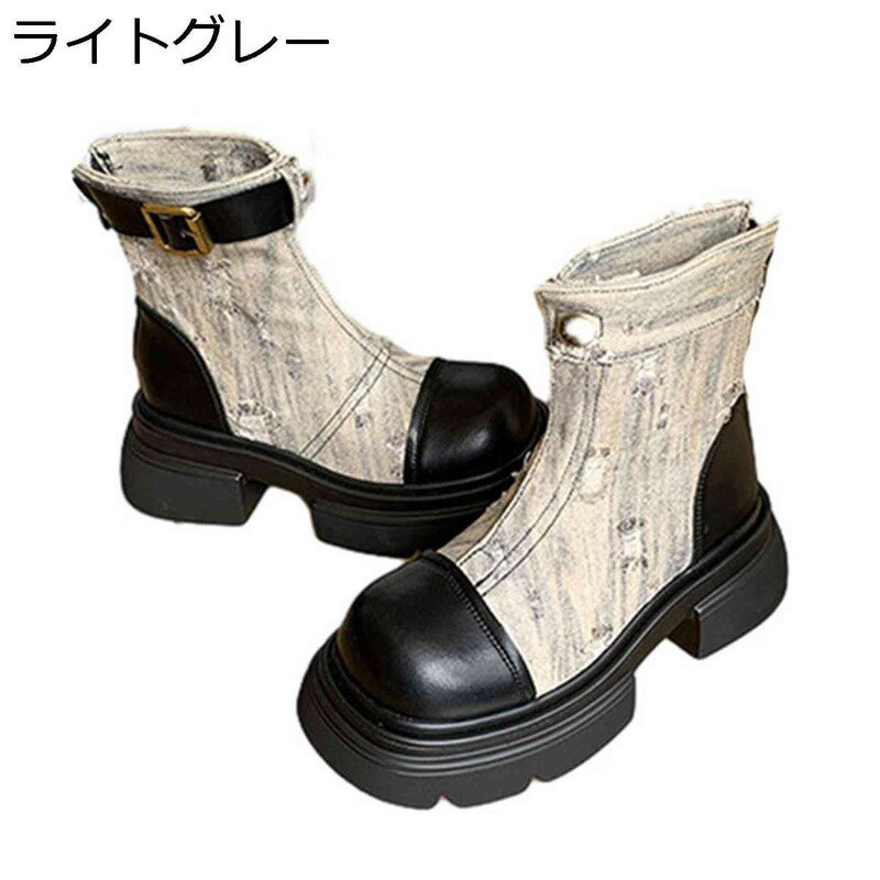 デニム ショートブーツ レディース ダメージ バックル 厚底 プラットフォーム ハーフブーツ 細見え カジュアル 身長アップ ミドルブーツ 快適 おしゃれ デイリー ラウンドトゥ 軽量 クッション性