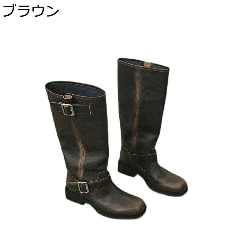 エンジニアブーツ 本革 レディース 騎士ブーツ ヴィンテージ ユーズド加工 バックル パンク レディース ロング丈 ジョッキーブーツ チャンキーヒール 高筒ブーツ 膝丈 撥水 モード系 美脚