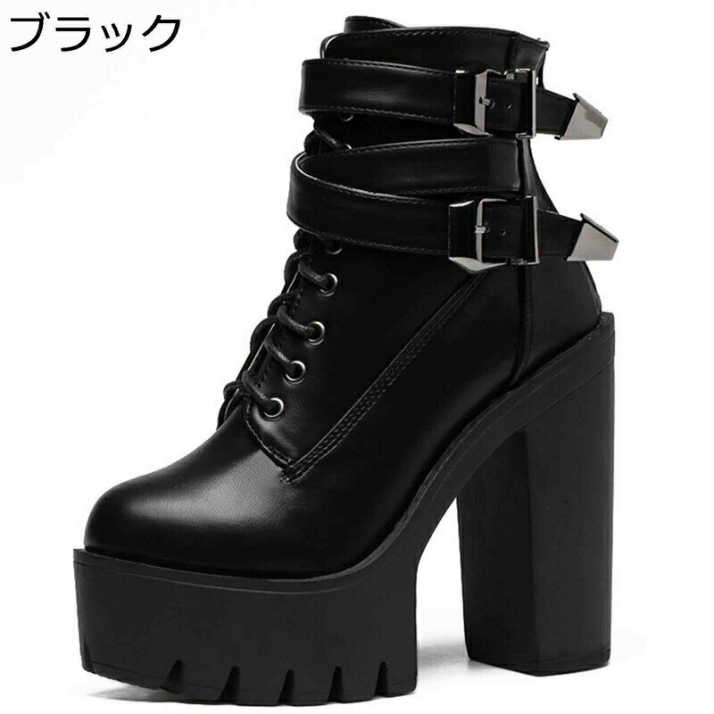 ショートブーツ ハイヒール 13cm レディース ブーティ プラットフォーム 厚底ブーツ 秋 冬 バックル パンク レースアップ ゴシック 歩きやすい クッション性 ミドルブーツ 大きいサイズ ステージ