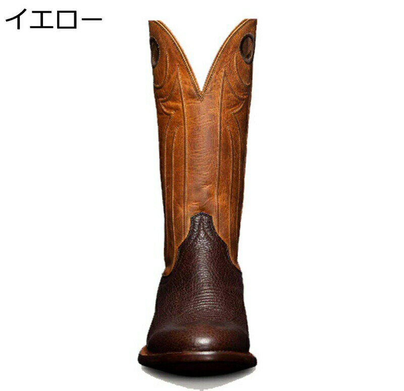 メンズ ウエスタンブーツ 刺繍 ミドルブーツ ローヒール 大きいサイズ 騎士ブーツ Vカット ヴィンテージ ロング 秋 冬 カジュアル 釣り 乗馬 欧米風 切り替え レトロ イエロー グレー 24-29cm