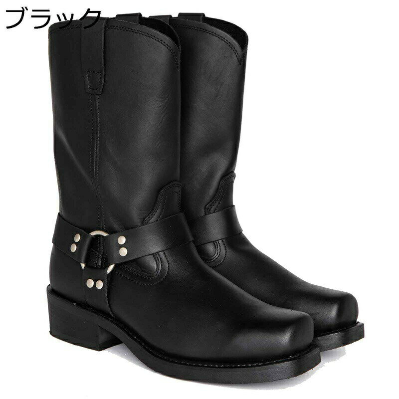 メンズ バイク用ブーツ 革靴 ジョッキーブーツ バックル ミドル丈 4.5cmヒール 冬春 軍靴 スクエアトゥ..