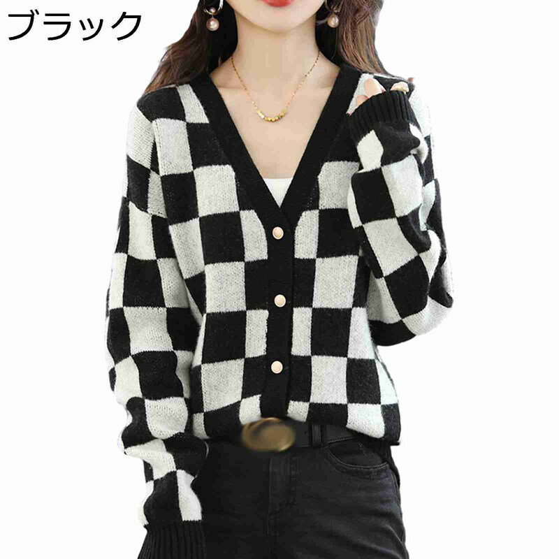 ニットカーディガン チェック柄 レディース 開襟スウェット セーター ショート丈 コート 秋冬着 薄手 ボタン付き 暖かい 保温 ルーズ ゆる感 トップス 日系...