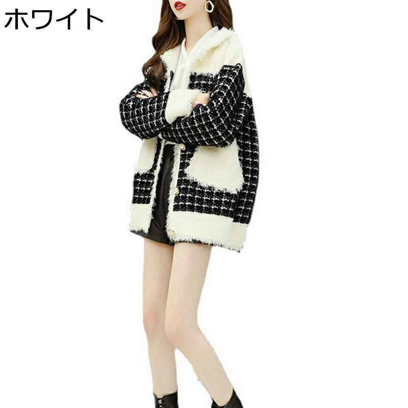 ジャケット カーディガン レディース ニット 千鳥柄 チェック柄 アウター 切り替え コート 厚手 タッセル フリンジ 女性 前開き 秋用 冬用 あったか 韓国...