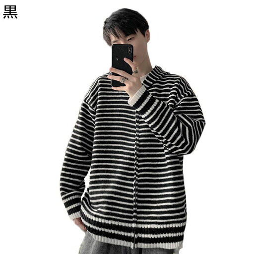 ニットカーディガン ジャケット メンズ レディース 縞柄 ストライプ ファスナー フード付き 前開き セーター 冬服 秋用 男女通用 ゆったり ルーズ トップス ファッション 韓国風 ストリート