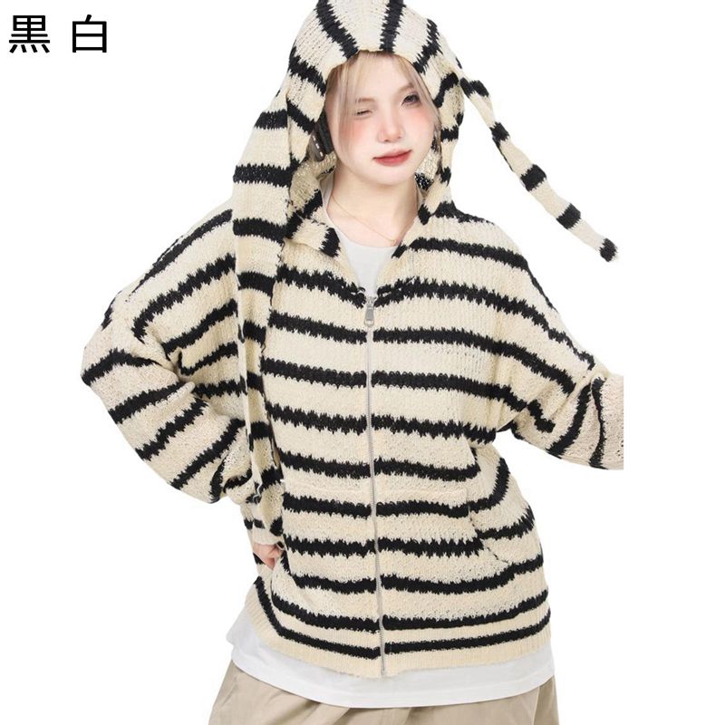 カーディガン ニット 兎の耳 コンビ パッチワーク ストライプ レディース ジッパー 長袖 ショール Vネック アウター 秋冬 コート 暖かい セーター トップ...