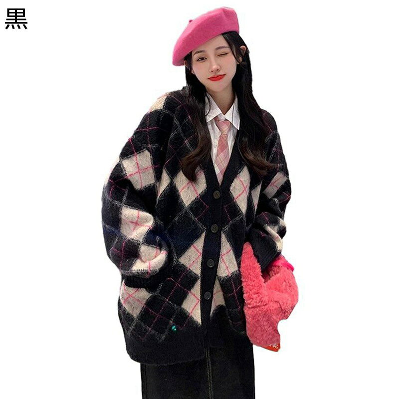 ニット カーディガン アーガイル柄 重ね着 レディース 長袖 ポケット付き 秋冬 セーター もこもこ あったか スウェット 学院風 韓国風 アウター 羽織り きれいめ トップス シンプル オシャレ