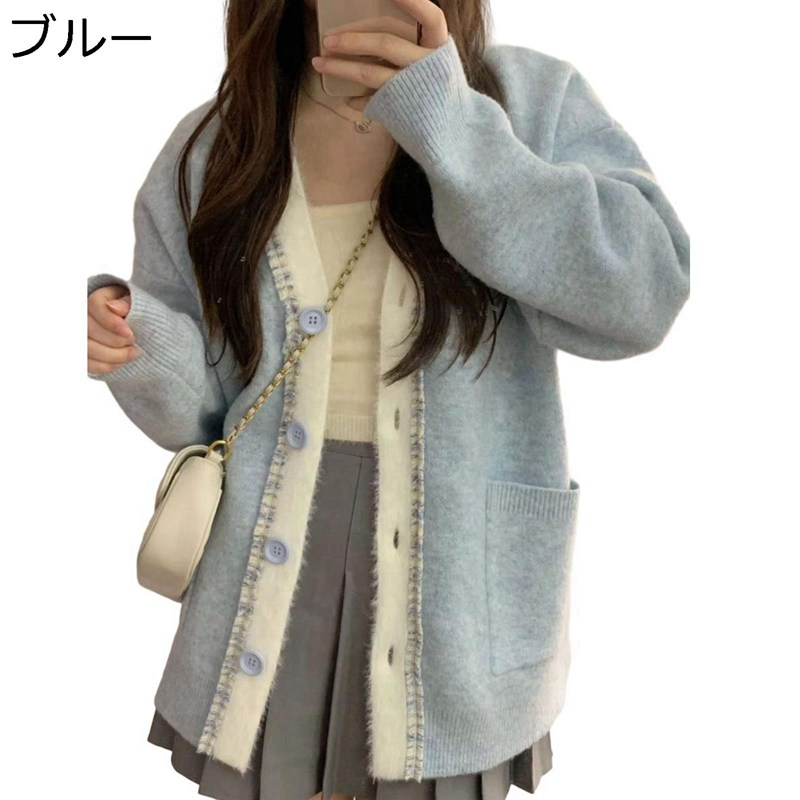 カーディガン パッチワーク コンビ ニット レディース ボタン付き ポケット付き 重ね着 体型カバー アウター ショール Vネック 長袖 保温 ?色 秋冬 トップス 羽織りガウン エレガント 日常