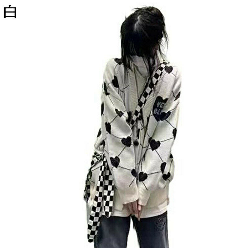 ニット カーディガン y2k 地雷系 ハート アーガイル柄 重ね着 レディース ボタン付き 長袖 秋冬 セーター 暖かい 開襟 スエット アウター 羽織り 原宿...