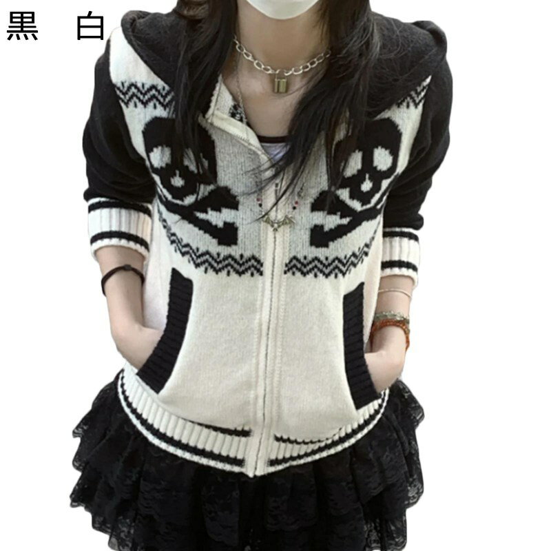 ニット カーディガン 髑髏 レディース 折り襟 ポケット付き ジッパー フード付き 厚い 暖かい 長袖 ショール パンク 原宿風 ゴシック ハロウィン セーター...