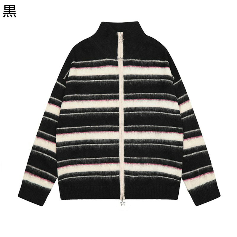 ニット カーディガン モックネック ストライプ 重ね着 レディース ジッパー パッチワーク コンビ 長袖 秋冬 セーター 保温 前開き スウェット アウター 羽...
