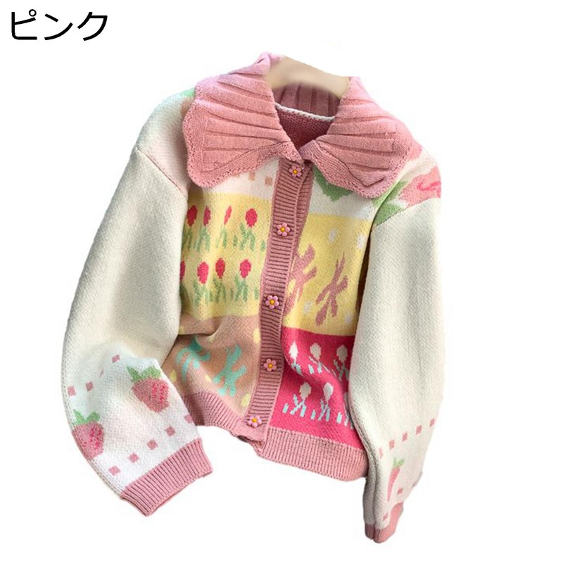 カーディガン ドールカラー コンビ パッチワーク 花柄 ニット レディース 重ね着 体型カバー アウター ショール 長袖 秋冬 トップス エレガント 可愛い 森ガール 姫系 lolita お嬢様風