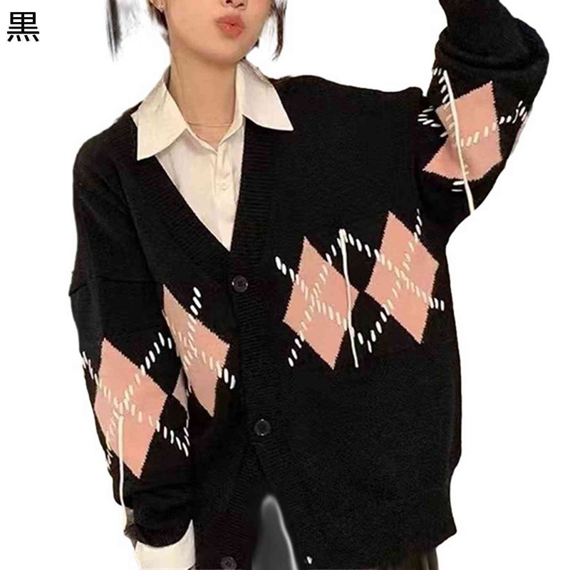 カーディガン アーガイル柄 ニット レディース 長袖 ショール Vネック アウター 秋冬 厚い セーター トップス 羽織りガウン 日系 ゆったり お洒落 女性 日常着用 普段用 元気 着痩せ トレンド
