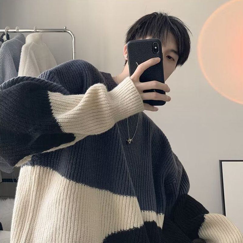 セーター メンズ ニット 長袖 ラウンドネック プルオーバー カジュアル ゆったり 柔らかい 着心地のいい 暖かい 防寒 学院風 厚手 ニットセーター トップス 通勤通学 バイカラー カットソー おしゃれ