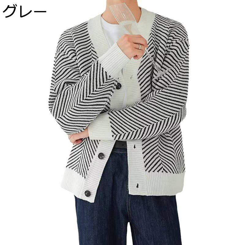 ニット メンズ カーディガン 長袖 秋冬 Vネック 厚手 柔らかい 着心地のいい ゆったり セーター ストライプ カジュアル カッコイイ コート ボタン付き 暖かい 防寒 アウター トップス