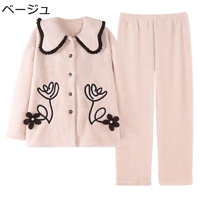 フランネルパジャマ レディース 上下セット 寝巻き ナイトウェア 保温防寒 暖か ふわもこ 肌に優しい 厚手 折り襟 ゆったり 花柄 秋冬着 シンプル 寝間着 便利服 ギフト ぱじゃま お揃い 女の子