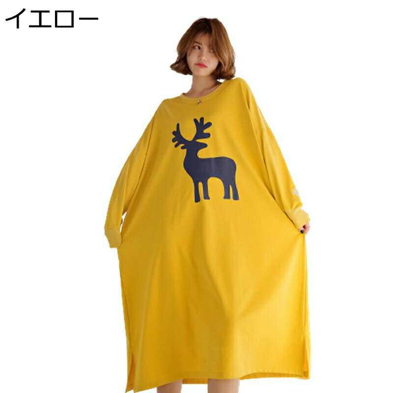 ルームワンピース オーバーサイズ ロング Tシャツ レディース ルームウェア ワンピース 長袖 シャツ ワンピ クリスマス ムース プリント ロンT ゆったり 秋冬 部屋着 カジュアル 綿 ネグリジェ
