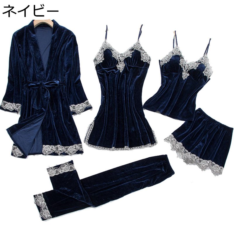 ベロア パジャマ 5点セット 部屋着 婦人 ベルベット ルームウェアレース 秋冬 大きいサイズ レディース 寝巻き ナイトガウン キャミワンピース キャミソール 肌に優しい 光沢感 滑らか 保温