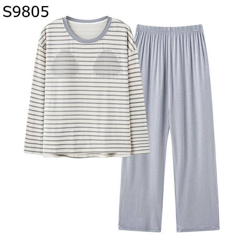 パジャマ レディース 長袖 寝巻き モダール カップ付き ラウンドネック プルオーバープル ボーダー柄 ..