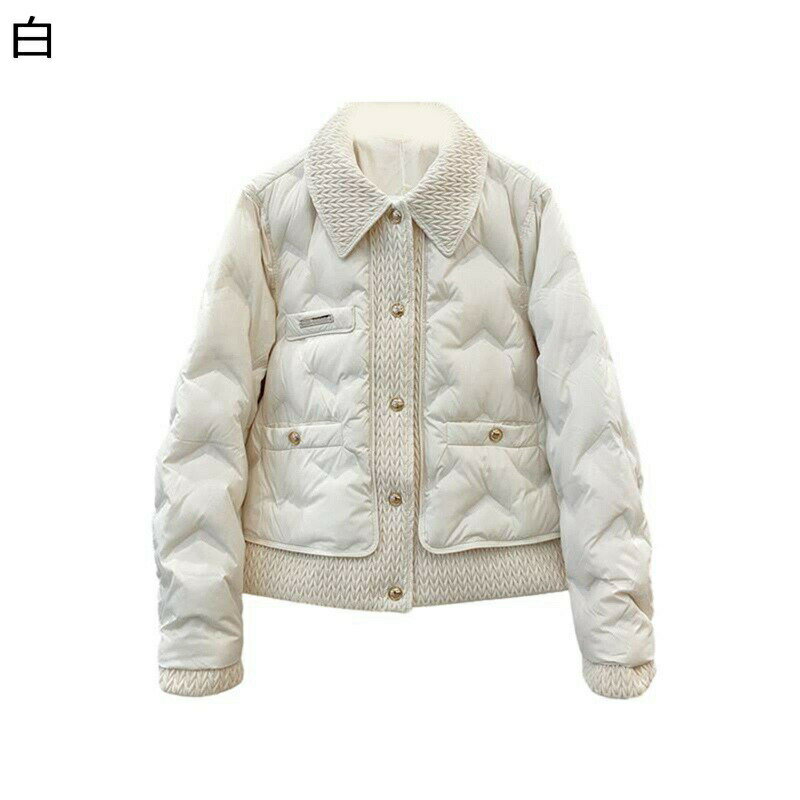 ダウンジャケット レディース ショート ボタン付き 折り襟 ニット 切り替え アヒル羽毛 ダウン入り ダウンコート 長袖 秋 冬 暖か 保温 コート 女性用 シンプル おしゃれ 会社 通学 日常