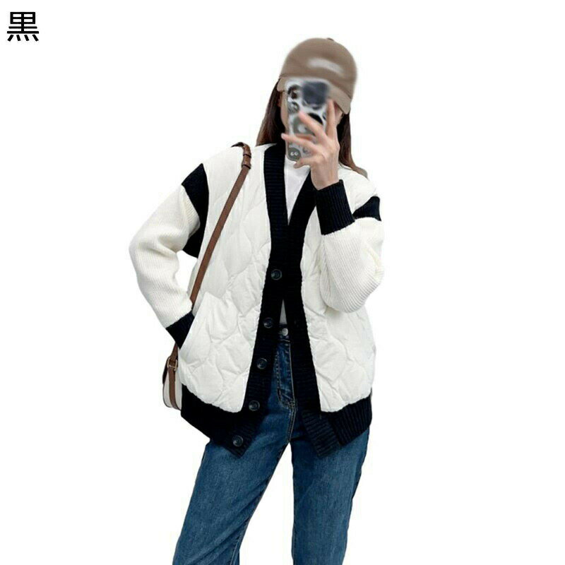 ダウンジャケット レディース 切り替え Vネック アーガイル柄 ニット ボタン付き ダウン入 ジャケット アヒル羽毛 ウルトラライト 長袖 あったか トップス ...