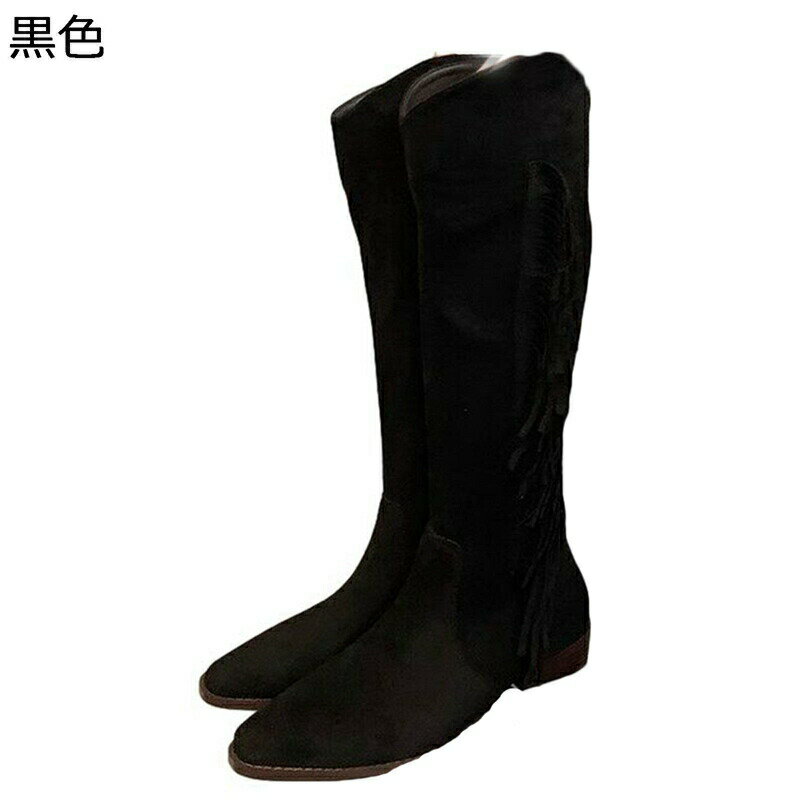 ロングブーツ レディース スエード ウエスタンブーツ 膝高 Vカット フリンジ ポインテッドトゥ 長靴 PU 足細 細身 着脱簡単 疲れにくい 大人 韓国 アメカジ 秋冬 滑り止め 大きいサイズ 通勤 OL デート