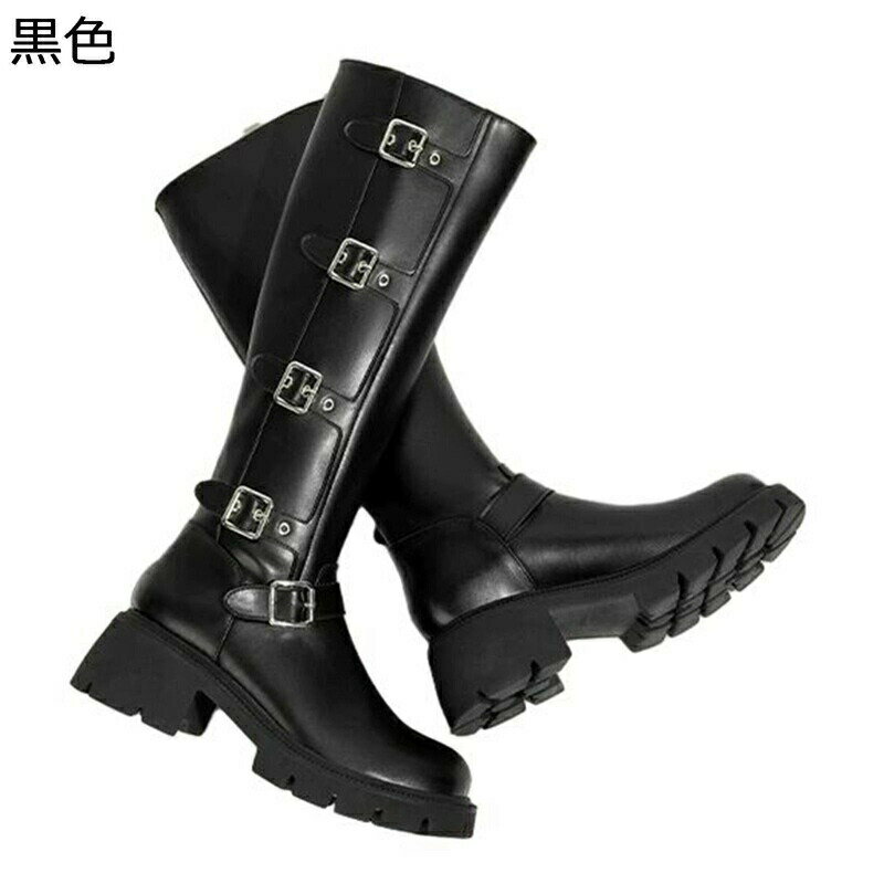 レディース ウエスタンブーツ ロングブーツ ワークブーツ 4連バックル ミドル丈 秋冬 合成皮革 足細 細身 着脱簡単 防滑 ゴムソール 大人 疲れない サイドジップ カジュアル パーティー パンク 演出