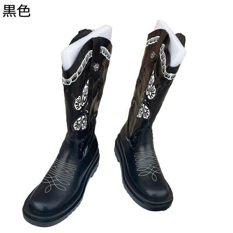 ウエスタンブーツ ロングブーツ 厚底 レディース ハーフ丈 高筒 蝶柄 刺繍 ワーク 足細 着脱簡単 秋冬春 エスニック おしゃれ フェミニン コーデ 防水 防滑 大きめ ゆったり 通勤 通学 OL デート
