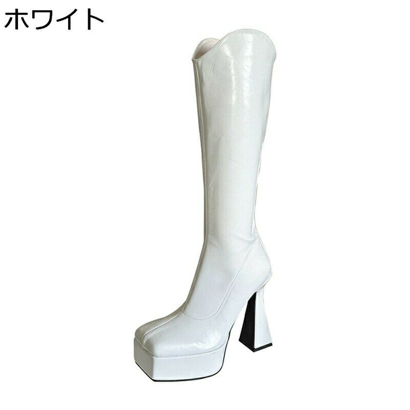 ニーハイブーツ レディース ストーム ロングブーツ スクエアトゥ 太めヒール 艶 バックジップ 6CMヒール ストレッチブーツ 秋冬 可愛い..