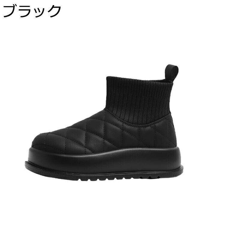 ムートンブーツ 厚底 レディース ニット ショート丈 キルティング 雨雪用 スノーブーツ ファー スリッポン 身長アップ ラウンドトゥ 保暖 冬用 ヒール：4.5CM 防水 防滑 暖かい 裏ファー 無地