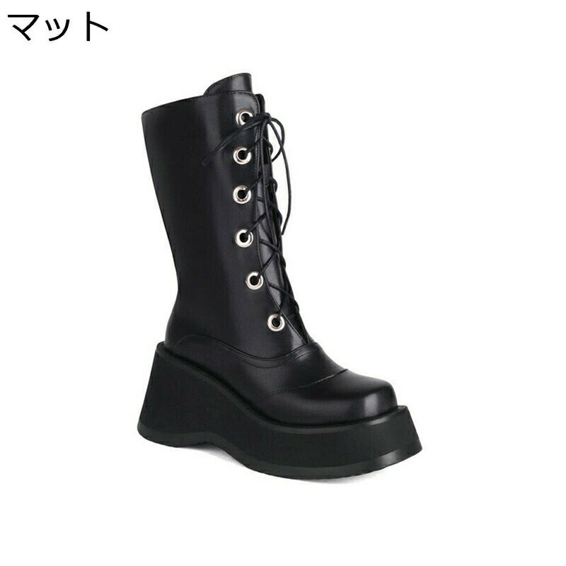 大きいサイズ ロングブーツ レディース 厚底 8CMヒール レースアップ サイドジップ プラットフォーム クール 艶 ブラック パンク風 秋冬 ロング丈 高筒ブーツ 履きやすい 普段 ゴシック