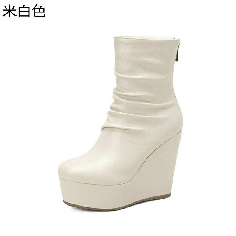 ショートブーツ レディース ウェッジソール くしゅくしゅ 11.5cmヒール バックジップ プラットフォーム 厚底 エレガント 純粋 大きいサイズ 秋冬 オフィス デート 美脚 おしゃれ 滑り止め