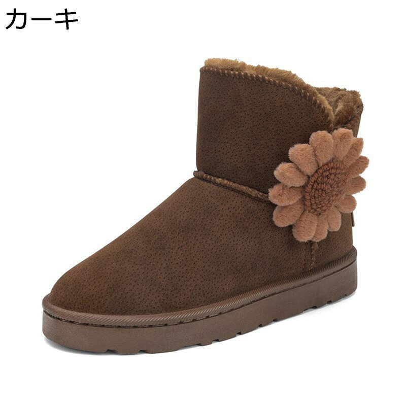 ムートンブーツ レディース ショート丈 花飾り スリッポン 大きいサイズ スノーブーツ 雪靴 ラウンドトゥ スエード 保暖 冬用 ヒール：3CM ジップ 安定感 歩きやすい 防寒 滑り止め 雪の日