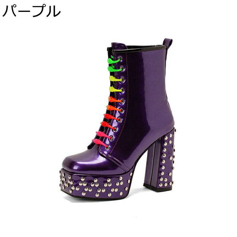 ショートブーツ 大きいサイズ レディース 太めヒール レースアップ メタリック エナメル ストーム キラ..
