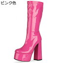 大きいサイズ ロングブーツ ストーム レディース 太めヒール 12cmヒール エナメル サイドジップ セクシー エレガント ファンション 秋冬春 長ブーツ プラットフォーム モード 欧米 大人