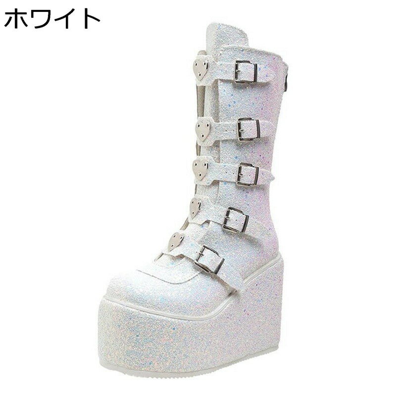 ロングブーツ 厚底 レディース バックジップ バックル付き キラキラ ハート形 地雷系 身長アップ プラットフォーム ウェッジソール 大きいサイズ 8CMヒール サブカル 地下アイドル 仮装 秋冬