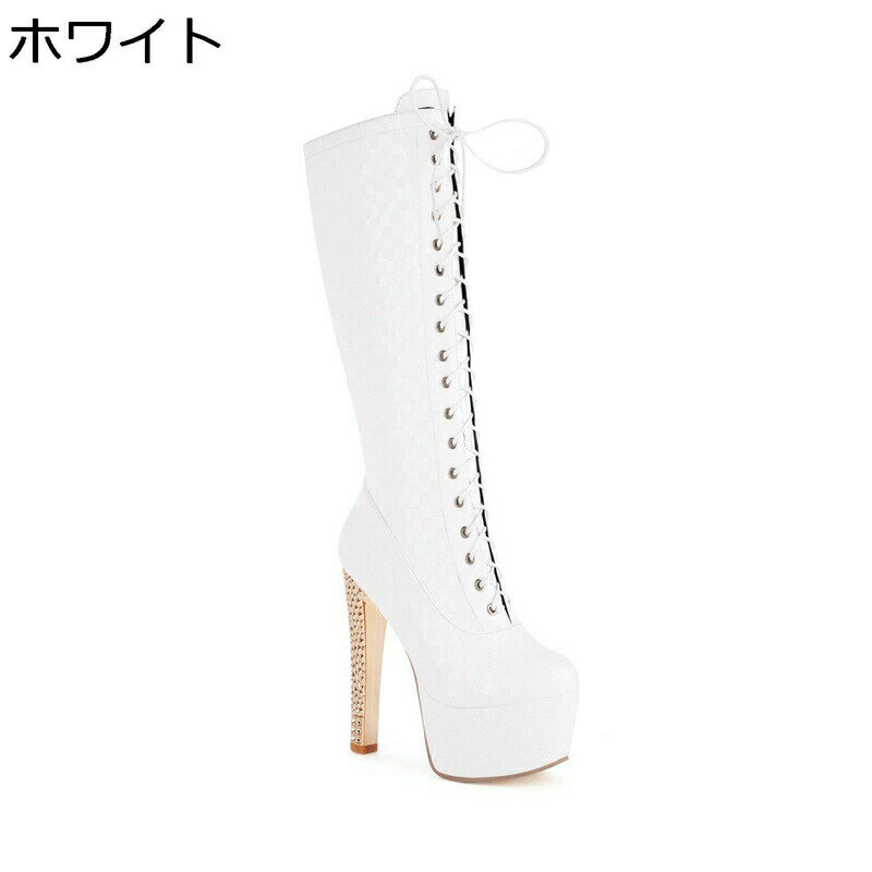 大きいサイズ ロングブーツ レディース 15CMヒール ピンヒール ハイヒール レースアップ エナメル ストーム サイドジップ チェック柄 秋冬 クール 編み上げ 高筒 レースアップ オシャレ