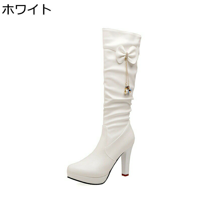 ロングブーツ レディース 大きいサイズ ニーハイブーツ 太めヒール 蝶結び ヒール：10CM くしゅくしゅ サイドジップ ロング丈 高筒ブーツ ハイヒール ストーム 裏ボア 秋冬 可愛い 甘ロリ