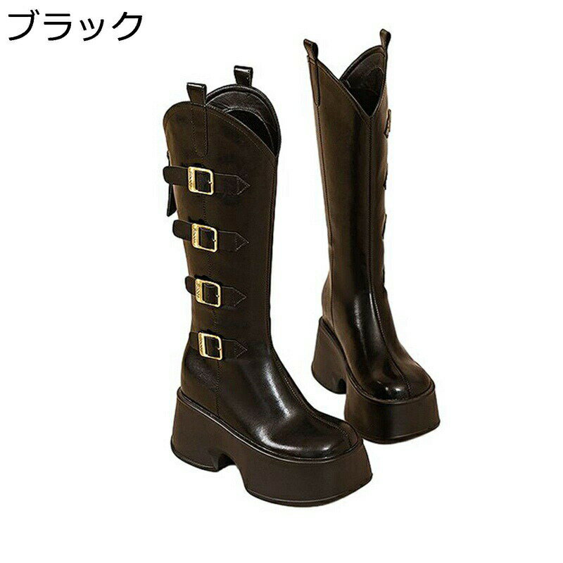 厚底 ロングブーツ レディース ヒール：11CM ニーハイブーツ バックル付き バックジップ インヒール パンク風 秋冬 ヴィンテージ プラットフォーム 艶 クール カウガール プラットフォーム