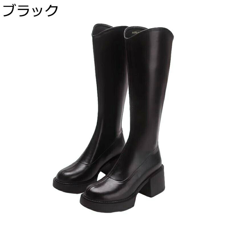 ブーツ レディース ニーハイブーツ ラウンドトゥ 6CMヒール ロング丈 ハイヒール チャンキーヒール バックジップ 秋冬用 長ブーツ 高筒 コンフォート 身長アップ ストレッチブーツ 防滑