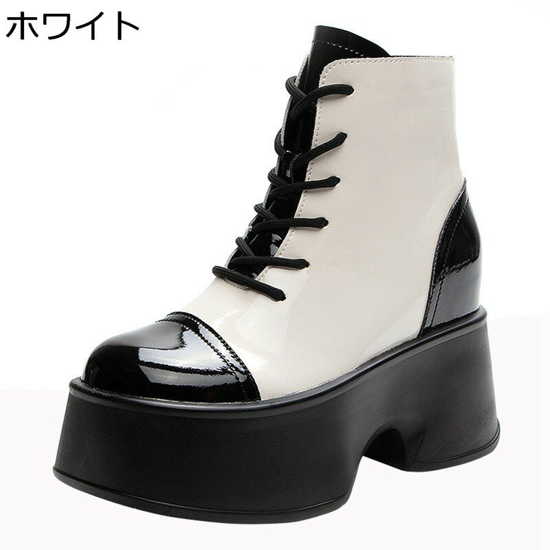 小さいサイズ 厚底 ショートブーツ レディース 11cmヒール エナメル 黒白 レースアップ シークレット スニーカーブーツ プラットフォーム 秋冬 身長アップ バイカラー オシャレ 可愛い