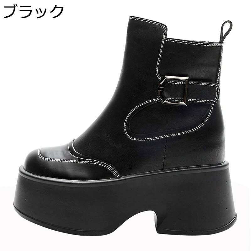 ショートブーツ レディース 厚底 サイドジップ ハイヒール チャンキーヒール 11cmヒール ラウンドトゥ 秋冬 サイドジップ インヒール バックル ヴィンテージ バイカラー プラットフォーム