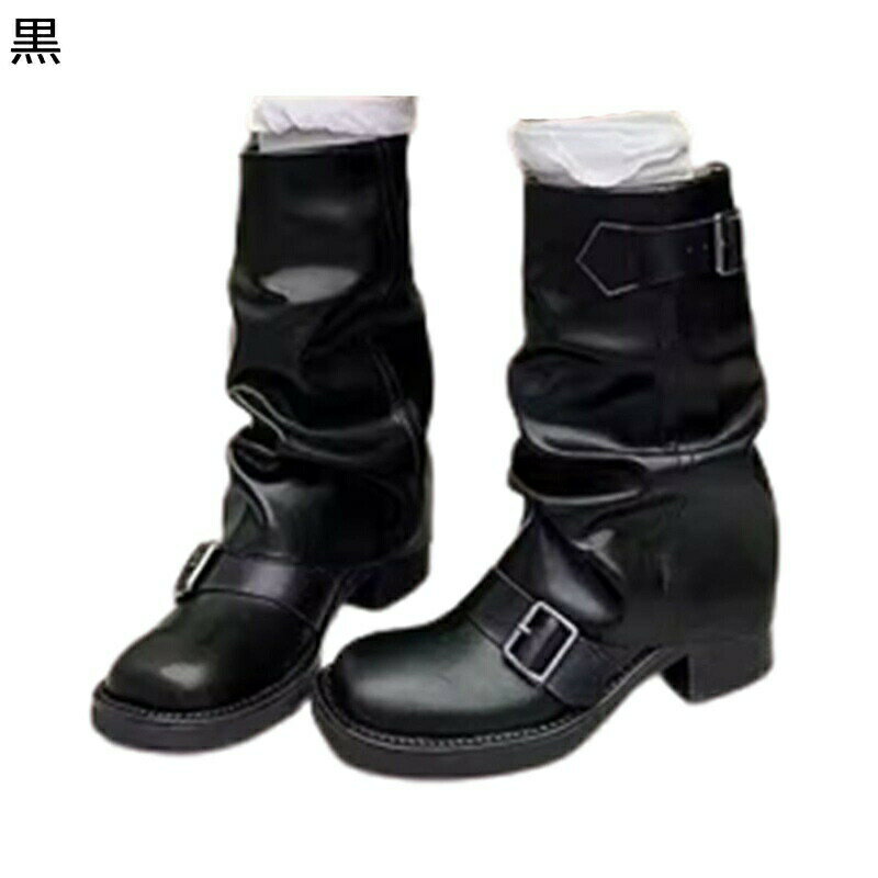 レディース ショートブーツ ドレープ スクエアトゥ 粗いかかと ベルト飾り 厚底 ゆったり カジュアル ..