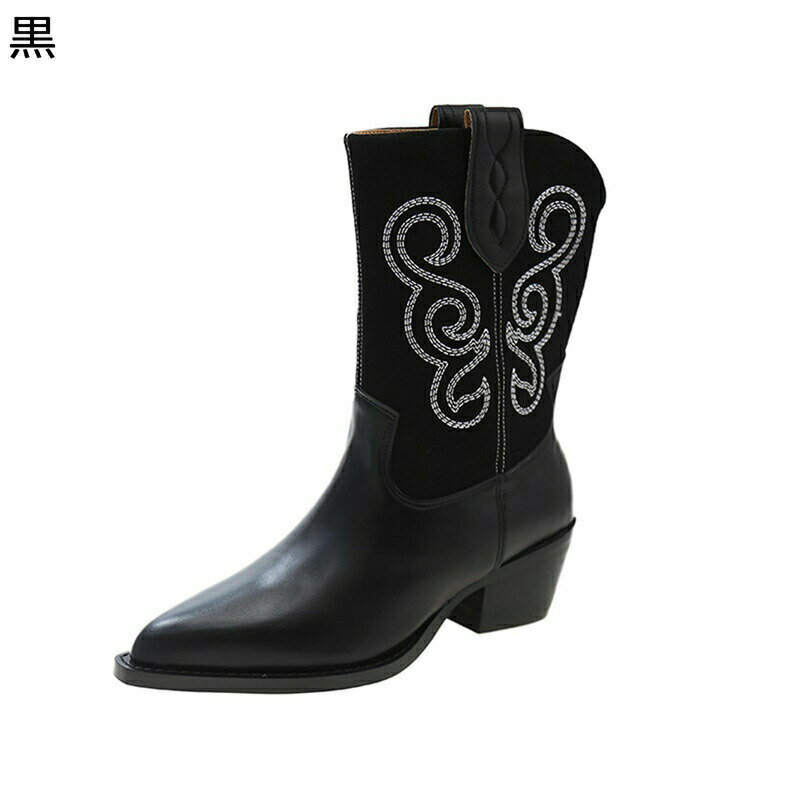 レディース ショートブーツ ウェスター ハイヒール 刺繍 ポインテッドトゥ ベルト飾り 粗いかかと ハーフ丈 オシャレ 美脚 流行 カジュアル 防水 秋靴 冬靴 ファッション 欧米風 カウボーイ