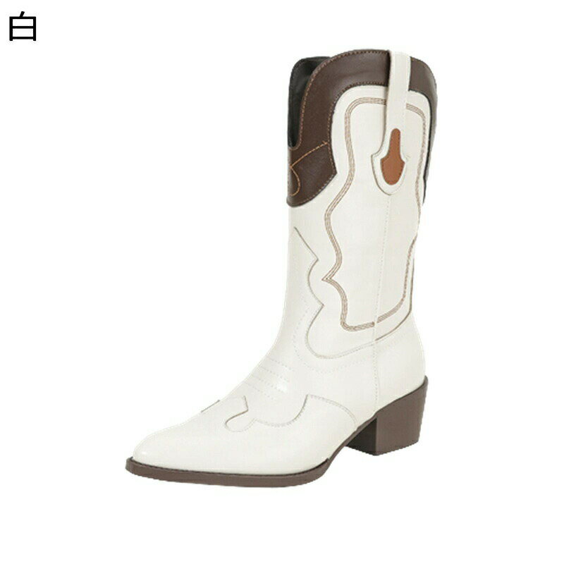 ロングブーツ ウェスターブーツ レディース ハイヒール 刺繍 ポインテッドトゥ 粗いかかと 秋冬 撥水 大きいサイズ PUレザー カジュアル ファッション コンフォート 女子力 美脚 痛くない